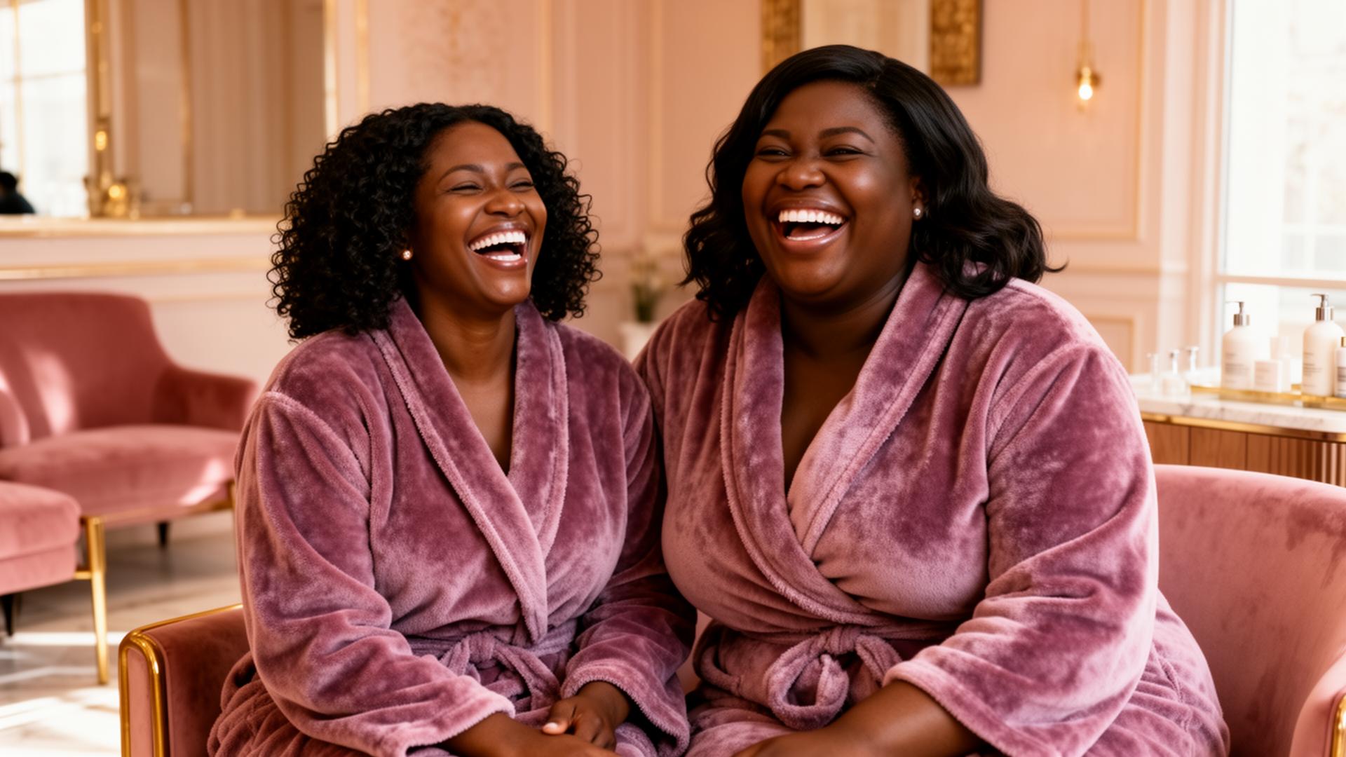 Two women laughing in mauve robes